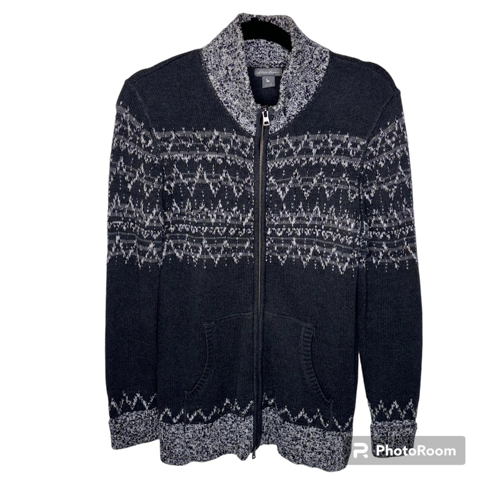 Eddie Bauer Sweater Men’s M Gray & White Full Front Zipper Cowl Neck Winter